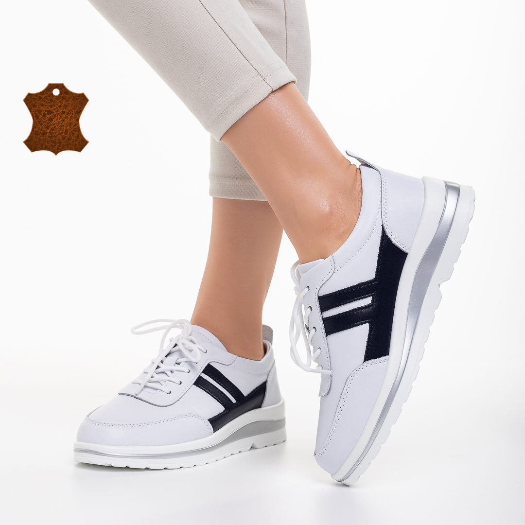 Всекидневни дамски обувки Zenni бели със синьо от естествена кожа - Kalapod.bg