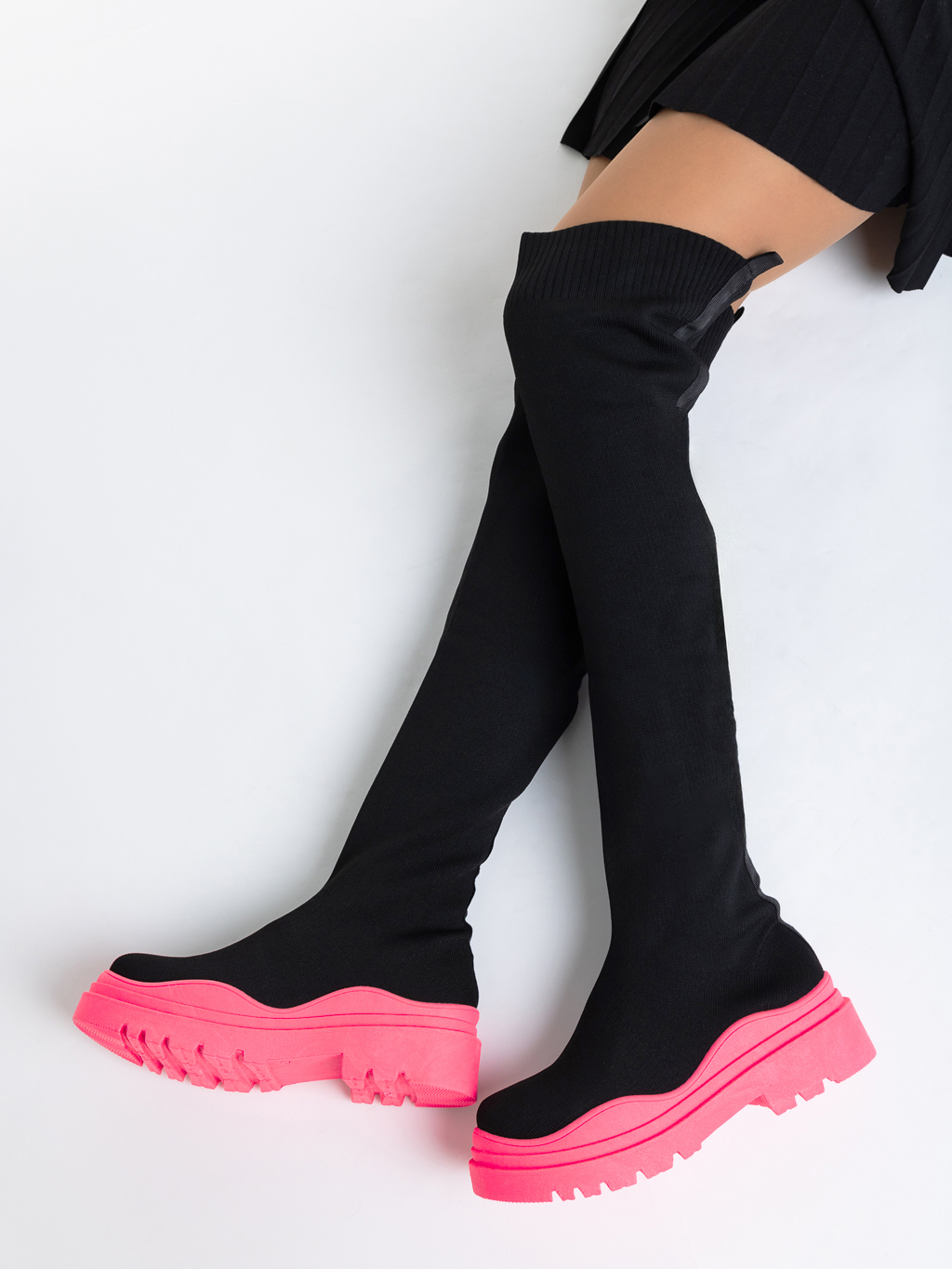 Дамски чизми черни с цикламено от текстилен материал Lesya, 4 - Kalapod.bg