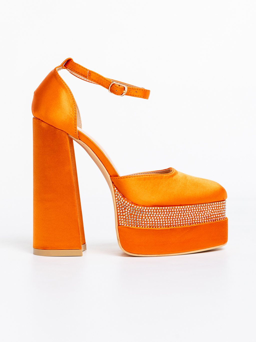 Дамски обувки оранжеви с ток от текстилен материал Darya, 5 - Kalapod.bg
