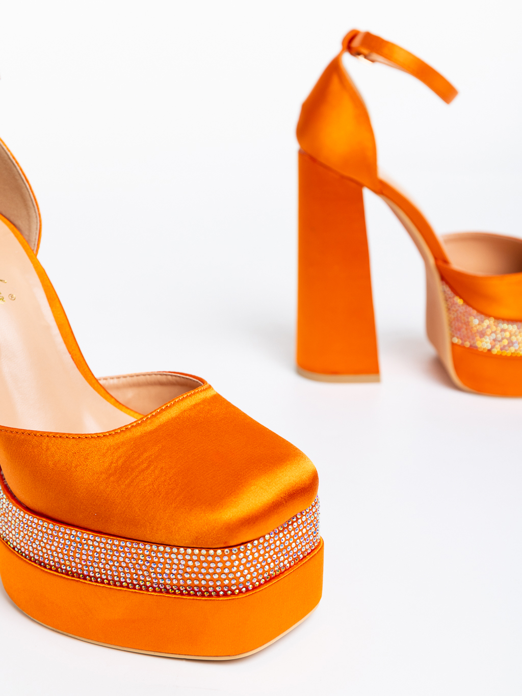Дамски обувки оранжеви с ток от текстилен материал Darya, 6 - Kalapod.bg