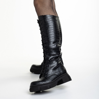 Дамски ботуши, Дамски чизми  черни  с крокодилски цвят от еко кожа  Maybelle - Kalapod.bg