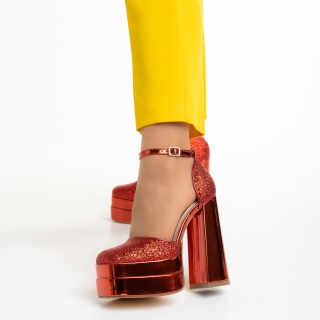Дамски обувки с ток, Дамски обувки  червени  от текстилен материал  Elara - Kalapod.bg
