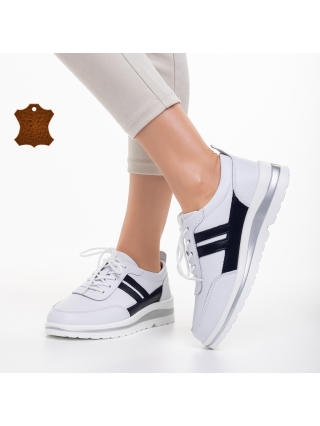 Дамски обувки с ток, Всекидневни дамски обувки Zenni бели със синьо от естествена кожа - Kalapod.bg