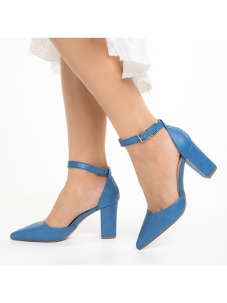 Обувки с масивен Ток, Дамски обувки  с ток сини от еко кожа Ramani - Kalapod.bg