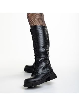 Чизми с платформа, Дамски чизми  черни  с крокодилски цвят от еко кожа  Maybelle - Kalapod.bg
