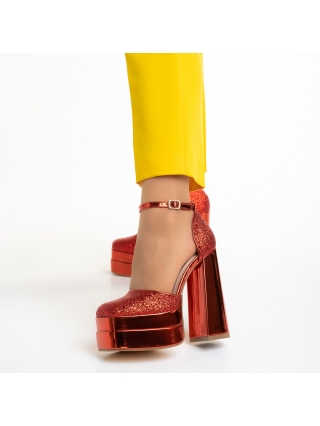 Дамски обувки с ток, Дамски обувки  червени  от текстилен материал  Elara - Kalapod.bg