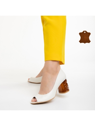 Обувки с масивен Ток, Дамски обувки Marco бели   от естествена кожа Estella - Kalapod.bg