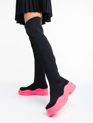 Обувки Дама, Дамски чизми черни с цикламено от текстилен материал Lesya - Kalapod.bg