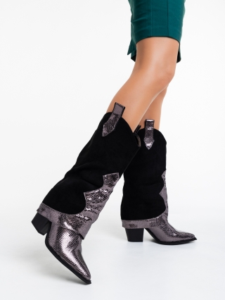 Обувки Дама, Дамски чизми черни с сиви от текстилен материал Margareeta - Kalapod.bg
