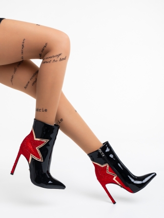 Обувки Дама, Дамски боти черни с червени от еко кожа лачена Landrada - Kalapod.bg