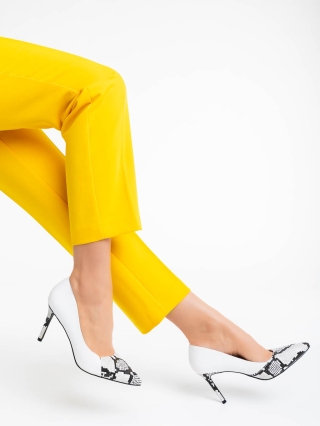 Дамски обувки с ток бели  от екологична кожа и текстилен материал Sariah - Kalapod.bg