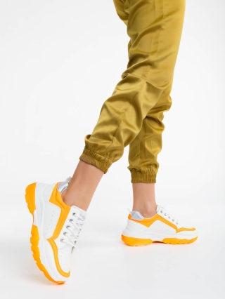 Дамски спортни обувки, Дамски спортни обувки бели с оранжево от екологична кожа Mona - Kalapod.bg