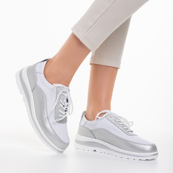 Дамски обувки casual бели със сребристо  от естествена кожа  Lessie, 4 - Kalapod.bg