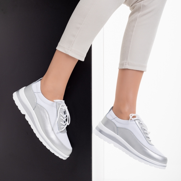 Дамски обувки casual бели със сребристо  от естествена кожа  Lessie, 5 - Kalapod.bg