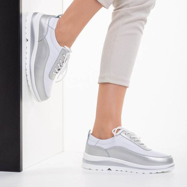 Дамски обувки casual бели със сребристо  от естествена кожа  Lessie, 3 - Kalapod.bg