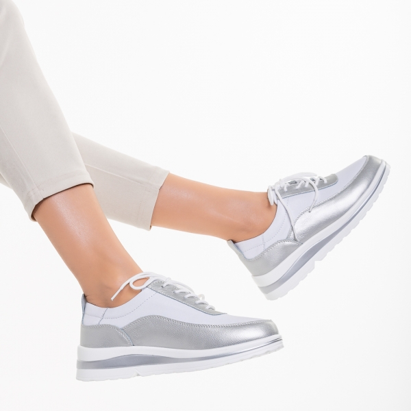 Дамски обувки casual бели със сребристо  от естествена кожа  Lessie, 6 - Kalapod.bg
