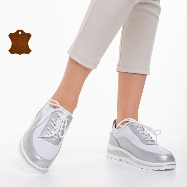 Дамски обувки casual бели със сребристо  от естествена кожа  Lessie - Kalapod.bg