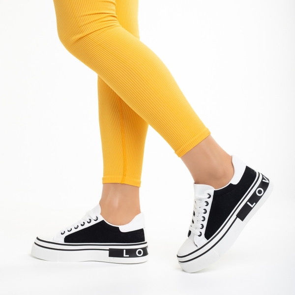 Дамски спортни обувки бели с черно  от еко кожа и текстилен материал  Calandra, 3 - Kalapod.bg