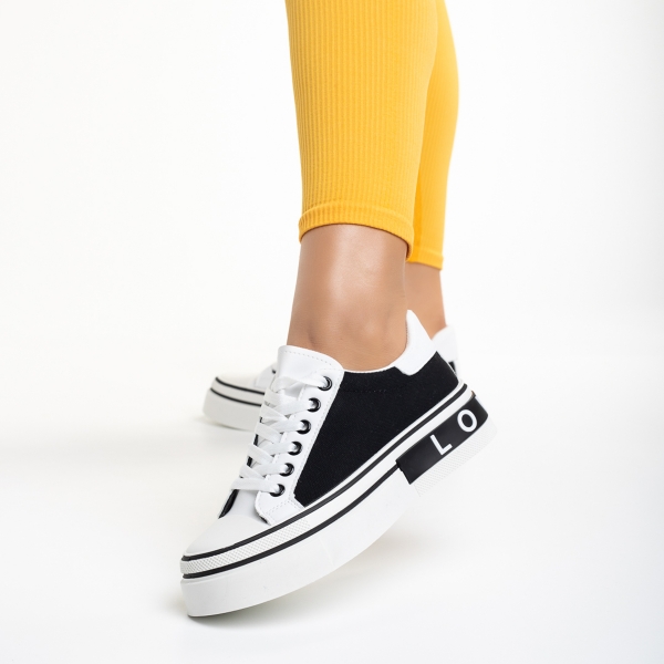 Дамски спортни обувки бели с черно  от еко кожа и текстилен материал  Calandra, 4 - Kalapod.bg