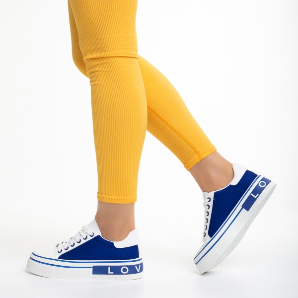 Дамски спортни обувки бели със синьо от еко кожа и текстилен материал  Calandra, 3 - Kalapod.bg