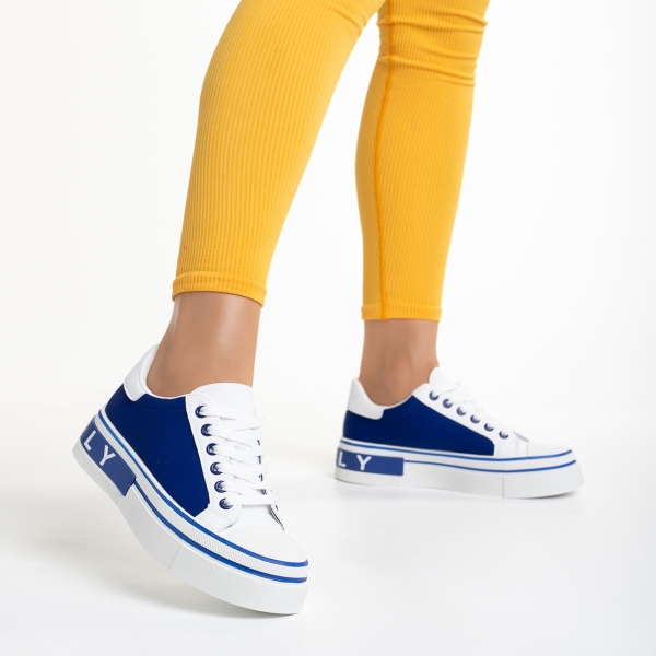 Дамски спортни обувки бели със синьо от еко кожа и текстилен материал  Calandra - Kalapod.bg