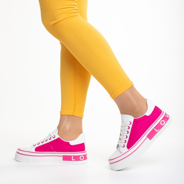 Дамски спортни обувки бели с розово  от еко кожа и текстилен материал  Calandra, 3 - Kalapod.bg