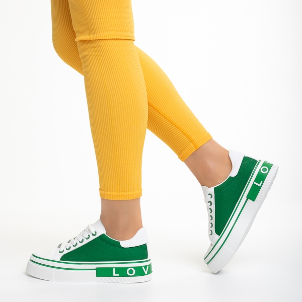 Дамски спортни обувки бели със зелено от еко кожа и текстилен материал  Calandra, 3 - Kalapod.bg