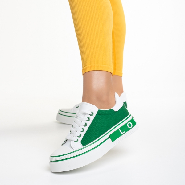 Дамски спортни обувки бели със зелено от еко кожа и текстилен материал  Calandra, 4 - Kalapod.bg