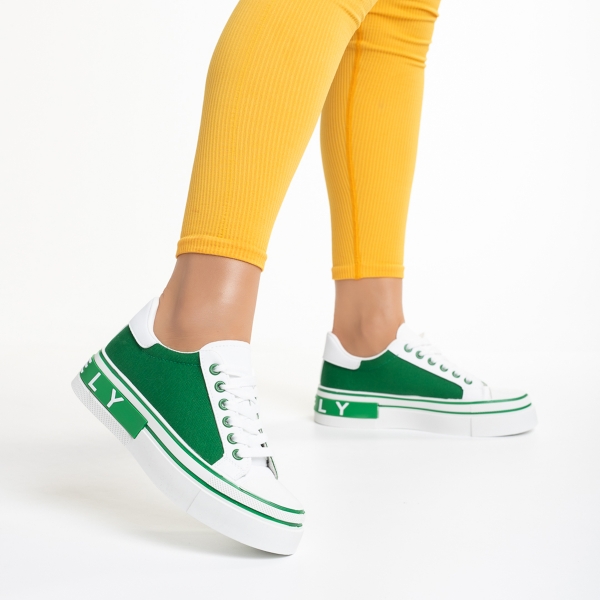 Дамски спортни обувки бели със зелено от еко кожа и текстилен материал  Calandra - Kalapod.bg