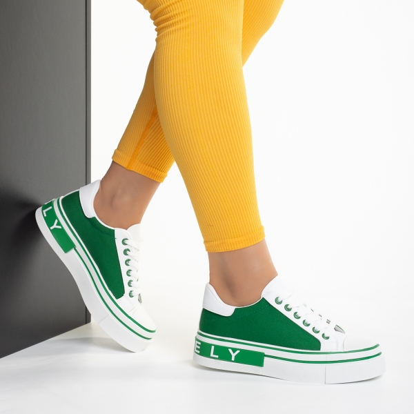 Дамски спортни обувки бели със зелено от еко кожа и текстилен материал  Calandra, 5 - Kalapod.bg