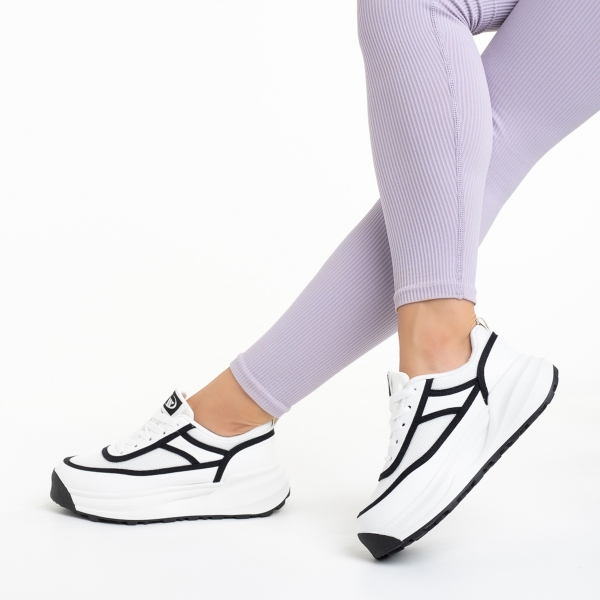 Дамски спортни обувки бели с черно  от еко кожа и текстилен материал  Sarina, 5 - Kalapod.bg