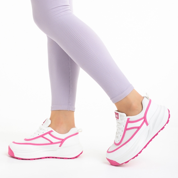 Дамски спортни обувки бели с розово  от еко кожа и текстилен материал  Sarina, 3 - Kalapod.bg
