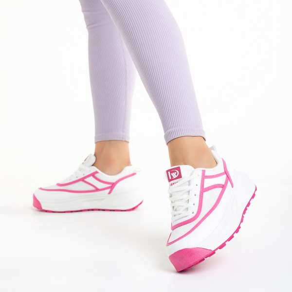 Дамски спортни обувки бели с розово  от еко кожа и текстилен материал  Sarina, 4 - Kalapod.bg