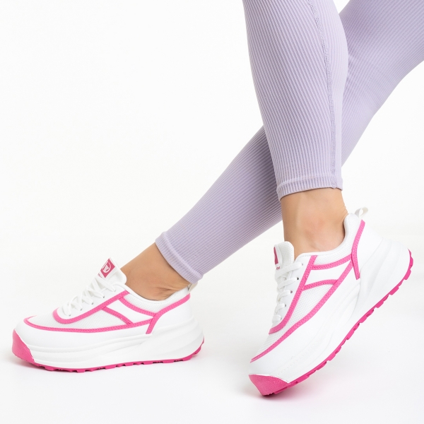 Дамски спортни обувки бели с розово  от еко кожа и текстилен материал  Sarina, 5 - Kalapod.bg