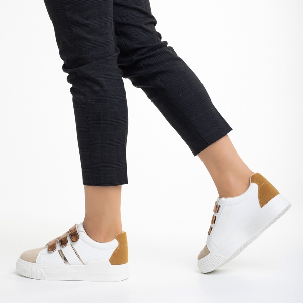 Дамски спортни обувки  бели с тъмно бежово  от еко кожа  Oakley, 3 - Kalapod.bg