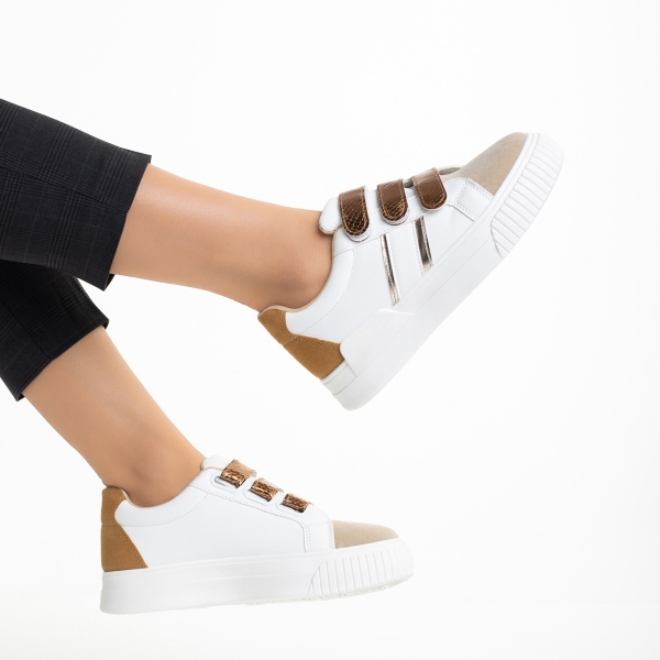 Дамски спортни обувки  бели с тъмно бежово  от еко кожа  Oakley, 6 - Kalapod.bg