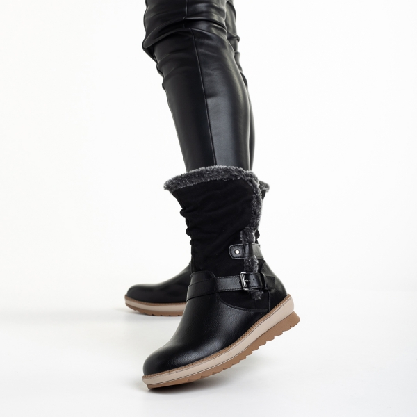 Дамски чизми  черни  от еко кожа и текстилен материал  Collete, 3 - Kalapod.bg