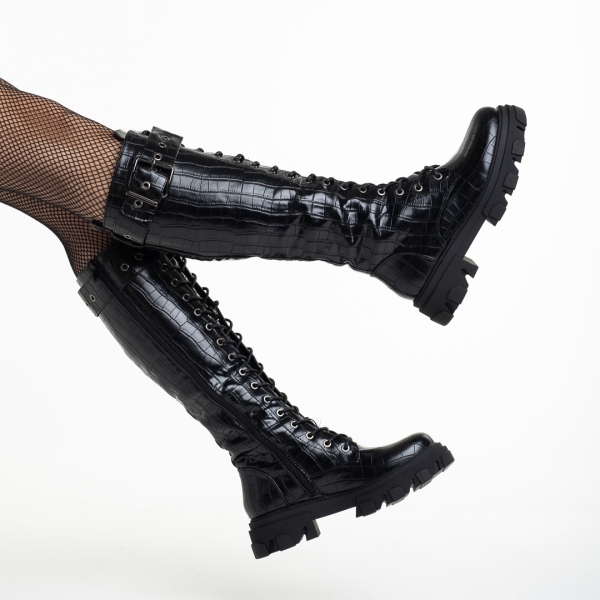 Дамски чизми  черни с крокодилски цвят от еко кожа  Dalaysia, 6 - Kalapod.bg