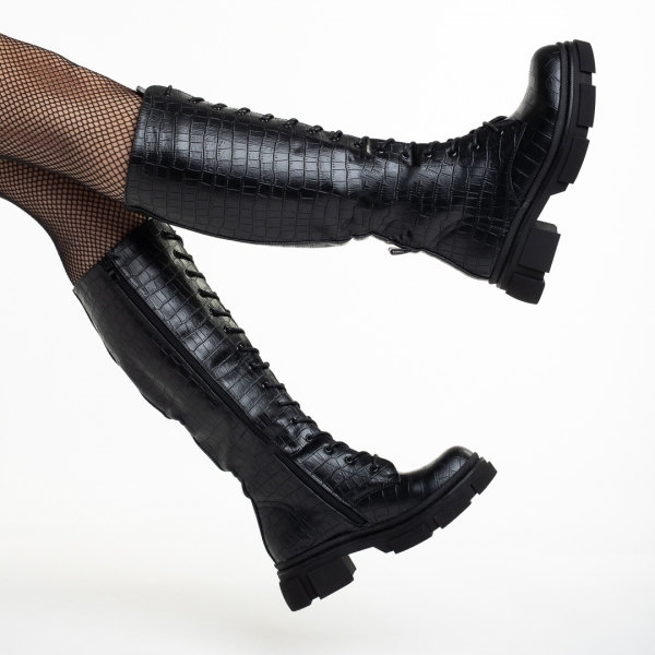 Дамски чизми  черни  с крокодилски цвят от еко кожа  Maybelle, 6 - Kalapod.bg