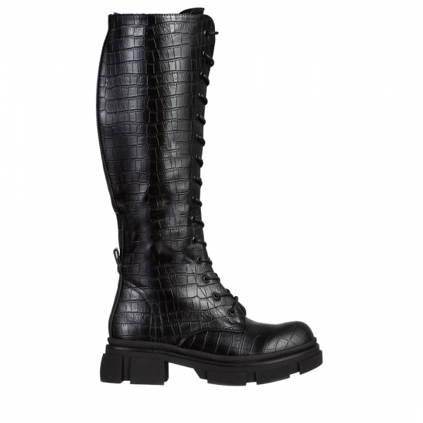 Дамски чизми  черни  с крокодилски цвят от еко кожа  Maybelle, 2 - Kalapod.bg