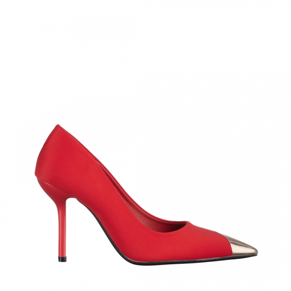 Дамски обувки  червени от текстилен материал  с ток  Melany, 2 - Kalapod.bg