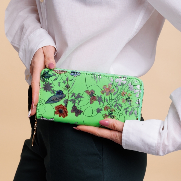 Дамско портмоне зелено  с цветя  от еко кожа  Rosenda - Kalapod.bg