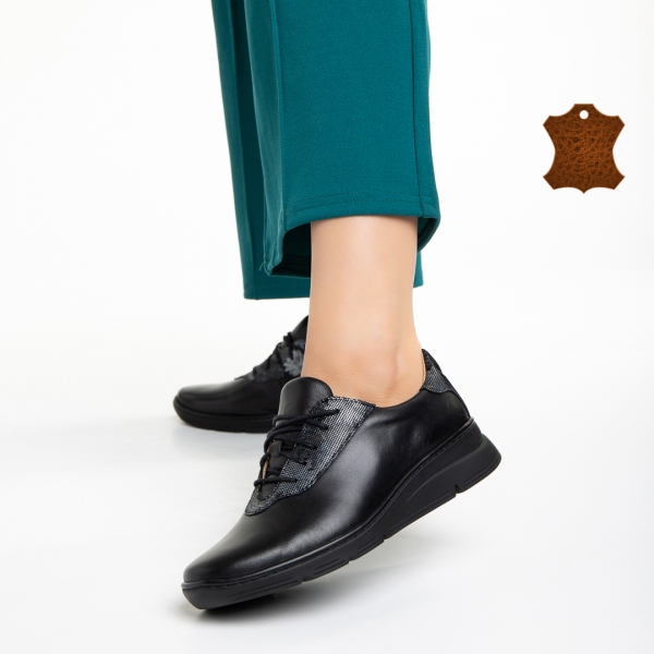 Всекидневни дамски обувки  черни със сиво от естествена кожа Anahita - Kalapod.bg