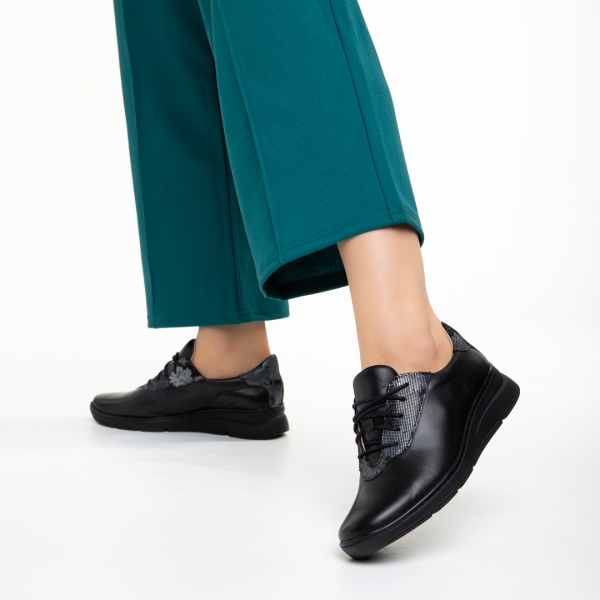 Всекидневни дамски обувки  черни със сиво от естествена кожа Anahita, 3 - Kalapod.bg