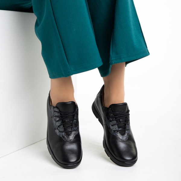 Всекидневни дамски обувки  черни със сиво от естествена кожа Anahita, 5 - Kalapod.bg
