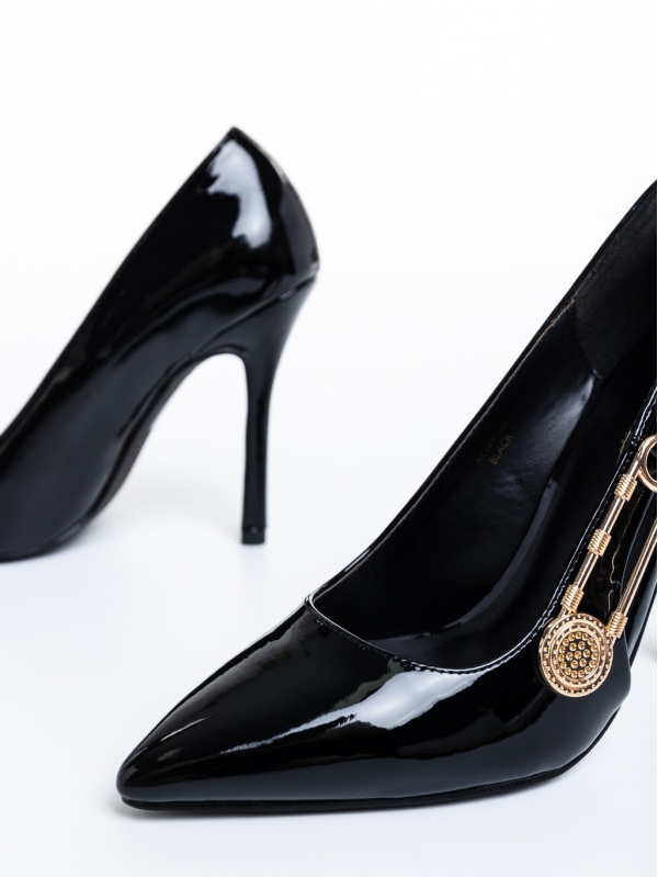 Дамски обувки  черни  с ток  от лачена еко кожа  Allana, 6 - Kalapod.bg