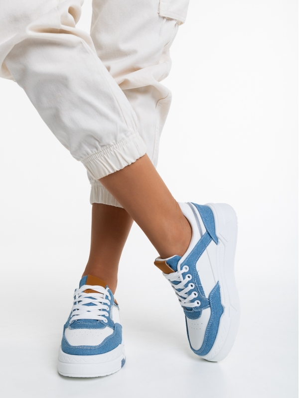 Дамски спортни обувки  бели със светло синьо от еко кожа Tasnia - Kalapod.bg