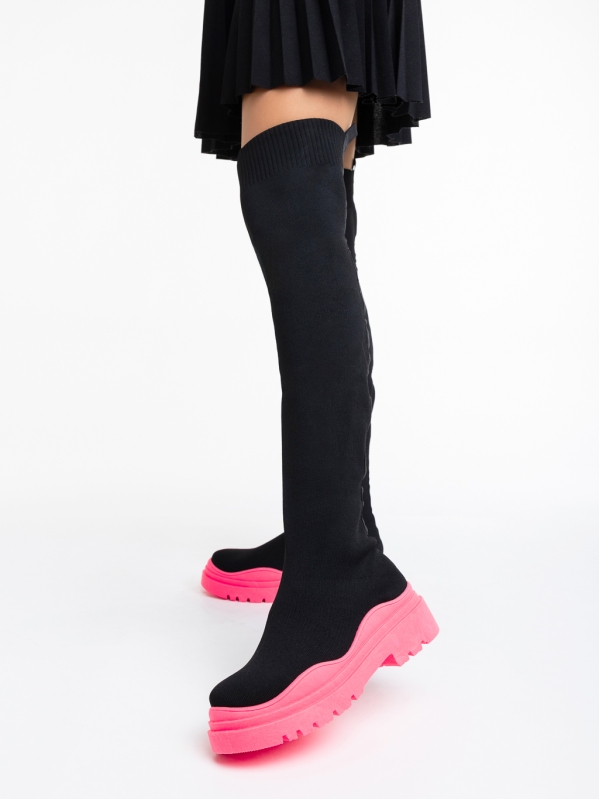 Дамски чизми черни с цикламено от текстилен материал Lesya, 2 - Kalapod.bg