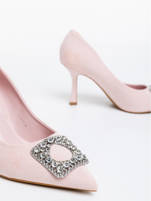 Дамски обувки розови с ток от текстилен материал Seeta, 6 - Kalapod.bg