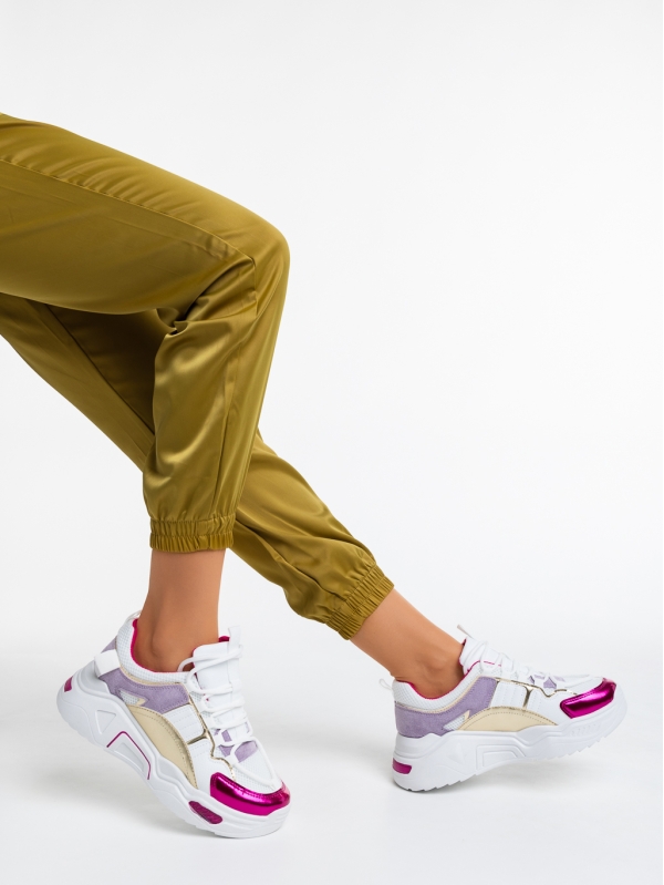 Дамски спортни обувки бели с цикламени от еко кожа и текстилен материал Reena, 4 - Kalapod.bg